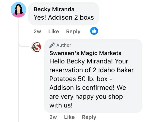 Customer commenting "Yes! Addison 2 boxs" and receiving a personalized confirmation