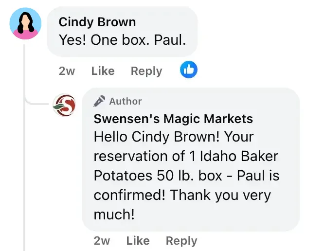 Customer commenting "Yes! One box. Paul." and receiving instant confirmation