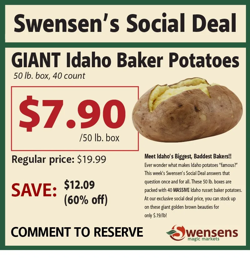 Swensen's Social Deal — Giant Idaho Baker Potatoes a $7.90 por caja de 50 lb.